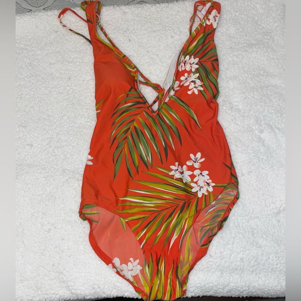 Kona Sol Orange Hawaiian Print One Piece Swimsuit